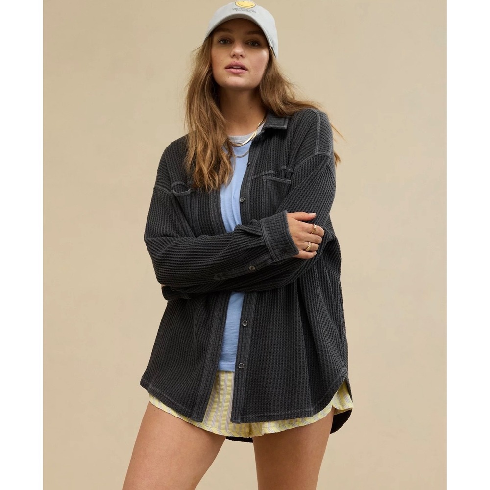 Aerie Fave Waffle‎ Button Down Shirt Women XXS Smoked Grey Oversized Shacket